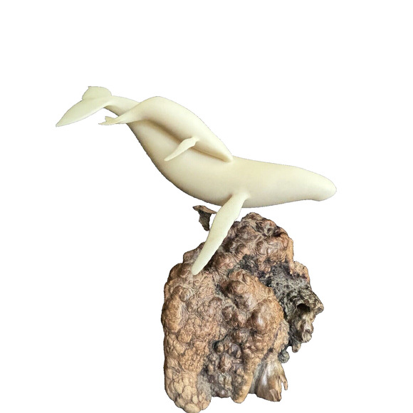 Vintage John Perry Mother and Baby Calf Humpback Whale Statue w/ Burl Wood Base